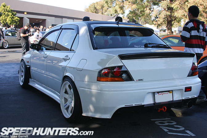 Wingless Evo with pulled fenders and flush fitment TE37s The money shot